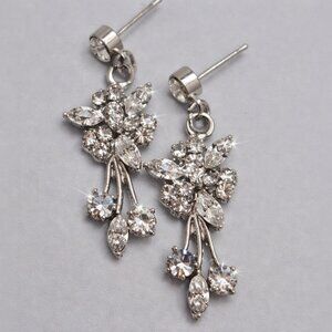 Floral Crystal Rhinestone Drop Stud Earrings Silver Tone Sparkly Wedding